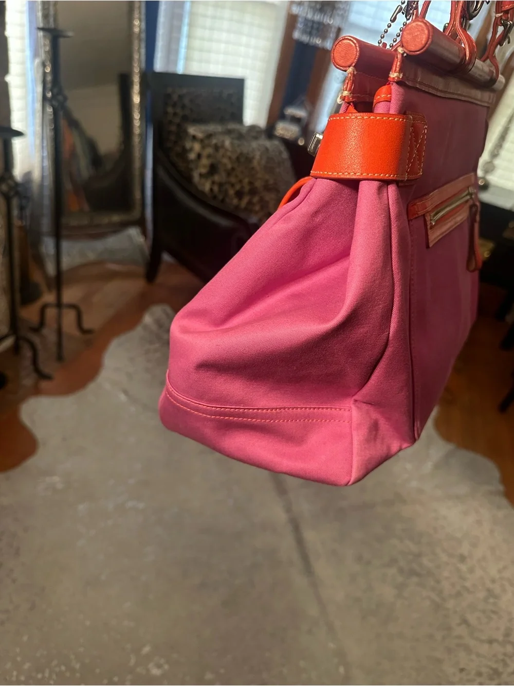 Vintage Coach Pink and Orange Hampton turnlock Canvas Tote with Buckle Front